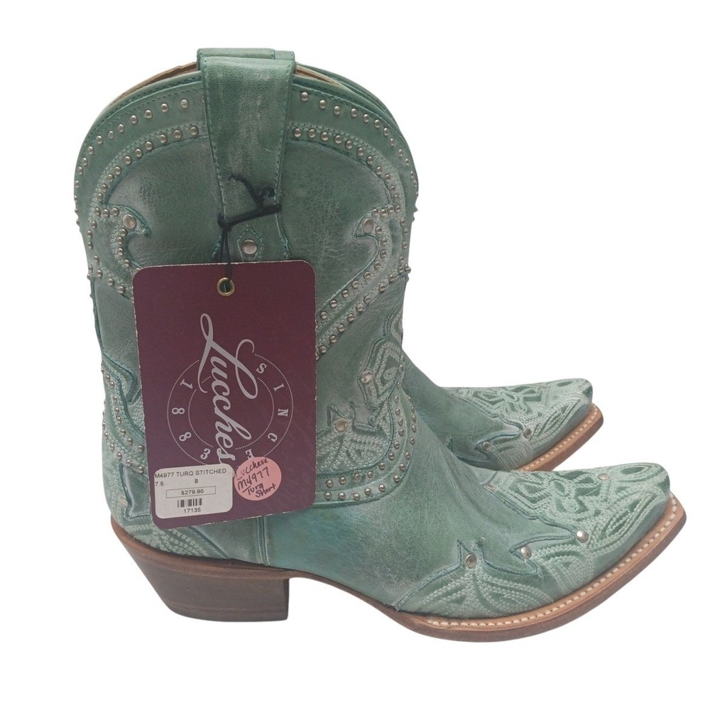 Lucchese M4977 Women's 7.5 B Turquoise Teal Leather Studded Western Boots NOS - Picture 11 of 16